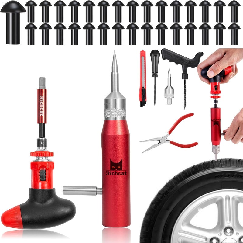 Richcat Tubeless Tire Puncture Repair Kit with Mushroom Plug, Repairs punctures and Flat Tires for Motorcycles, Cars, Trucks, ATVs and Tractors - Image 1